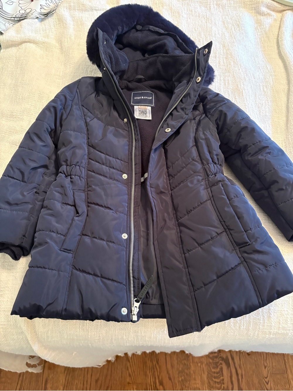 Andy & Evan Navy Girls' Quilted Puffer Coat with Faux Fur Trim